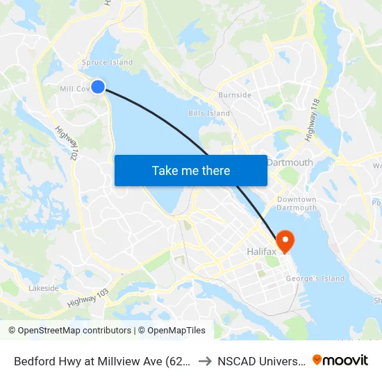 Bedford Hwy at Millview Ave (6258) to NSCAD University map