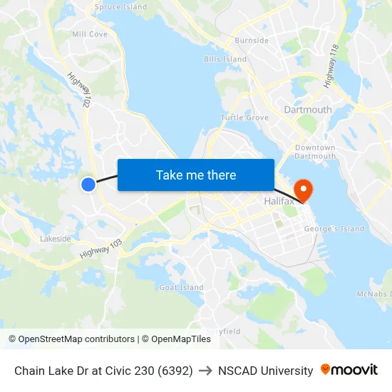 Chain Lake Dr at Civic 230 (6392) to NSCAD University map