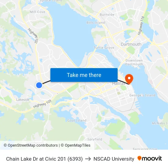 Chain Lake Dr at Civic 201 (6393) to NSCAD University map