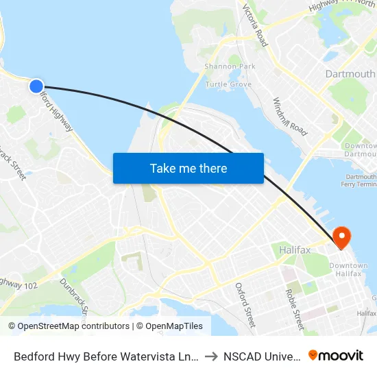 Bedford Hwy Before Watervista Ln (6264) to NSCAD University map