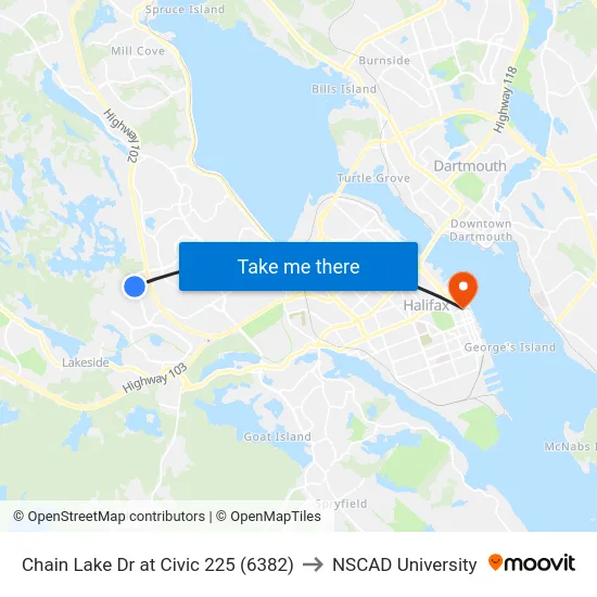 Chain Lake Dr at Civic 225 (6382) to NSCAD University map