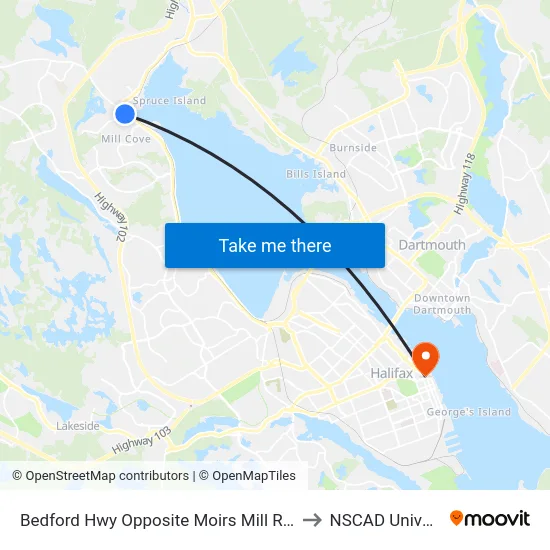 Bedford Hwy Opposite Moirs Mill Rd (9023) to NSCAD University map