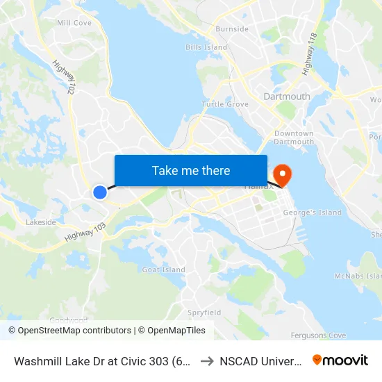 Washmill Lake Dr at Civic 303 (6717) to NSCAD University map