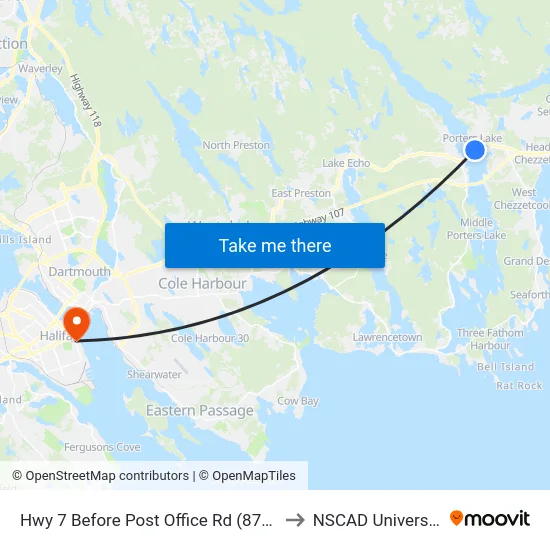 Hwy 7 Before Post Office Rd (8786) to NSCAD University map