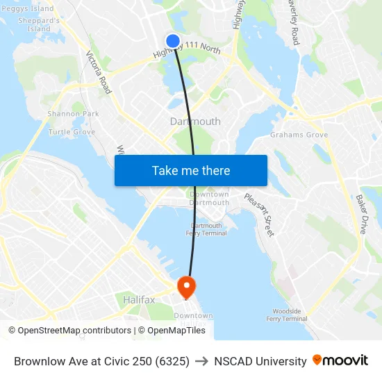 Brownlow Ave at Civic 250 (6325) to NSCAD University map