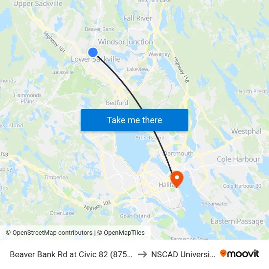 Beaver Bank Rd at Civic 82 (8758) to NSCAD University map