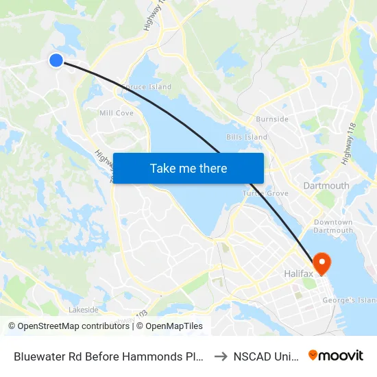 Bluewater Rd Before Hammonds Plains Rd (6622) to NSCAD University map