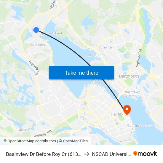Basinview Dr Before Roy Cr (6139) to NSCAD University map