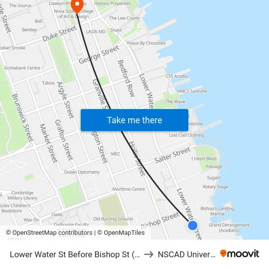 Lower Water St Before Bishop St (8819) to NSCAD University map