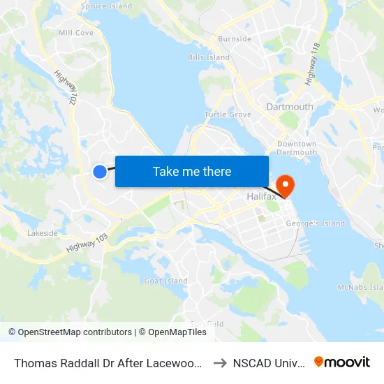 Thomas Raddall Dr After Lacewood Dr (9086) to NSCAD University map