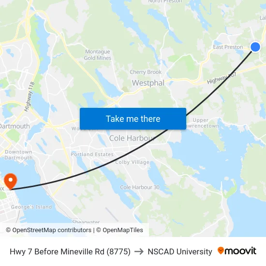 Hwy 7 Before Mineville Rd (8775) to NSCAD University map
