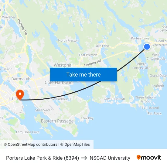 Porters Lake Park & Ride (8394) to NSCAD University map