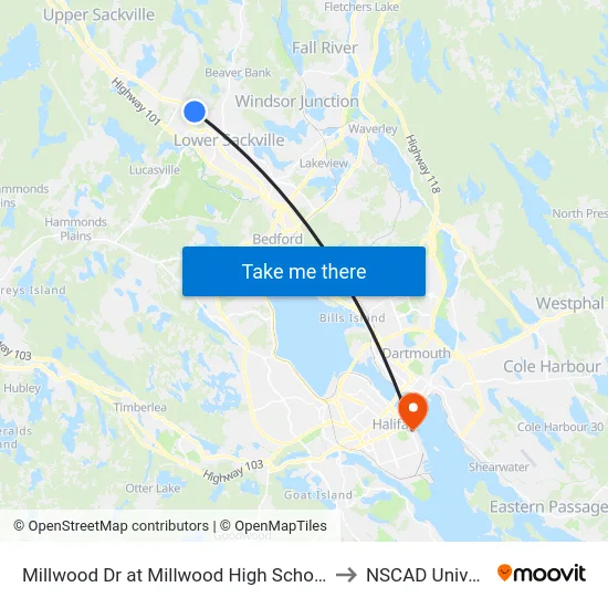 Millwood Dr at Millwood High School (9005) to NSCAD University map