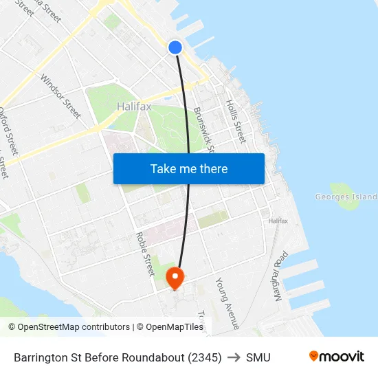 Barrington St Before Roundabout (2345) to SMU map