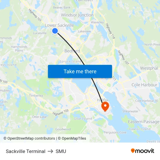 Sackville Terminal to SMU map