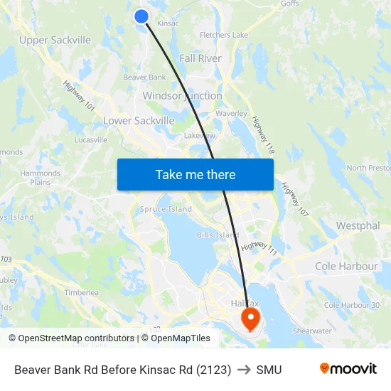 Beaver Bank Rd Before Kinsac Rd (2123) to SMU map