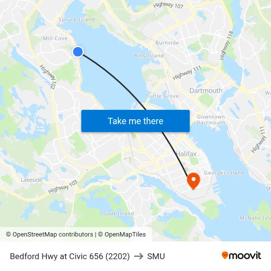 Bedford Hwy at Civic 656 (2202) to SMU map