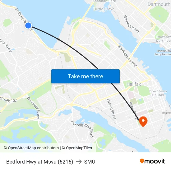 Bedford Hwy at Msvu (6216) to SMU map
