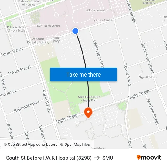 South St Before I.W.K Hospital (8298) to SMU map