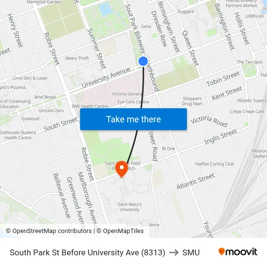 South Park St Before University Ave (8313) to SMU map
