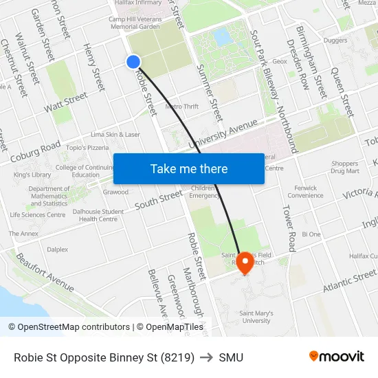 Robie St Opposite Binney St (8219) to SMU map