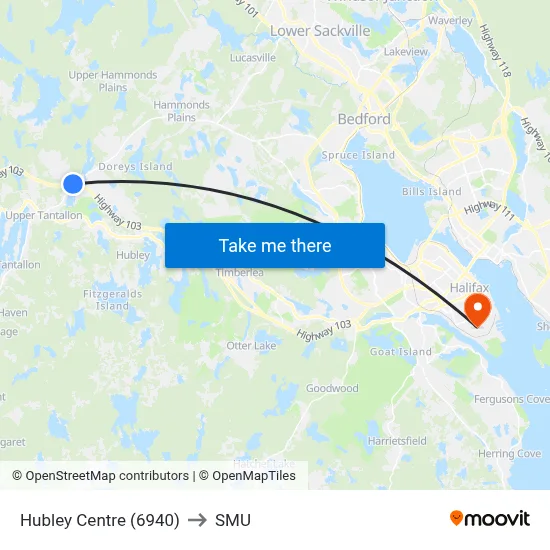 Hubley Centre (6940) to SMU map