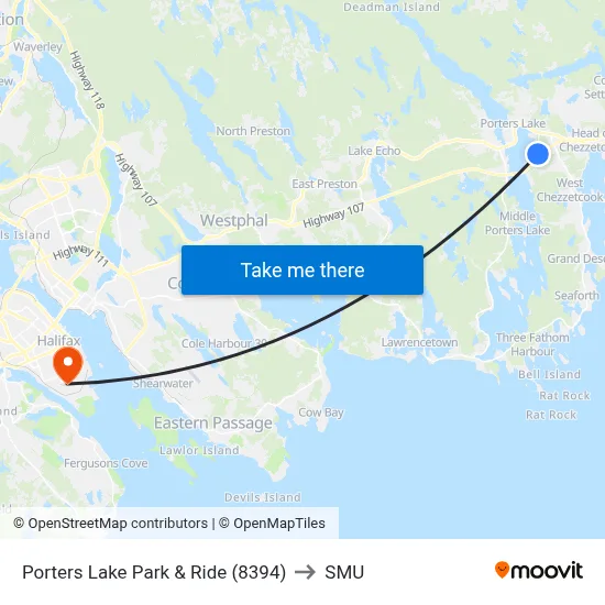 Porters Lake Park & Ride (8394) to SMU map