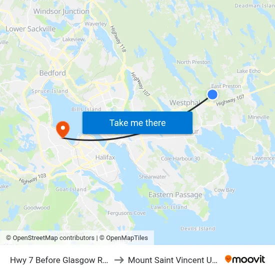 Hwy 7 Before Glasgow Rd (2341) to Mount Saint Vincent University map