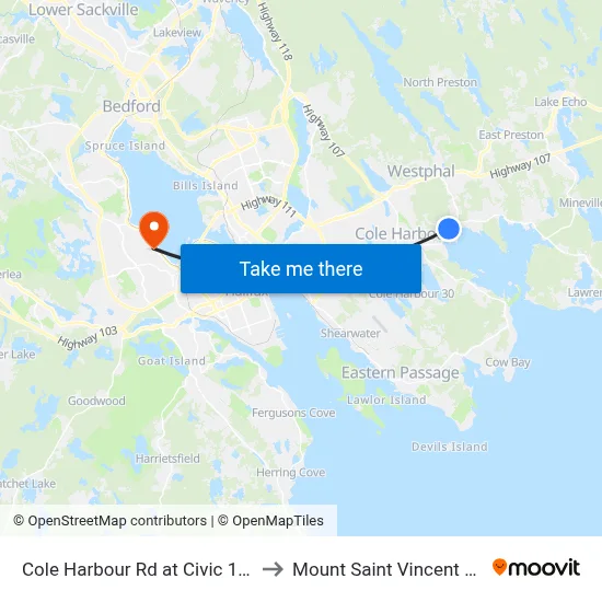 Cole Harbour Rd at Civic 1722 (2343) to Mount Saint Vincent University map