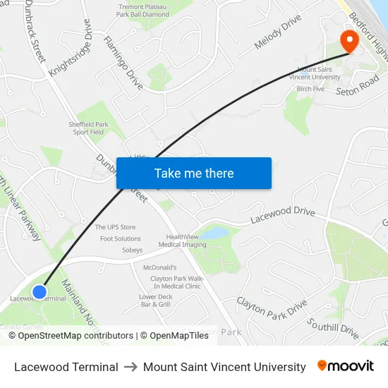 Lacewood Terminal to Mount Saint Vincent University map
