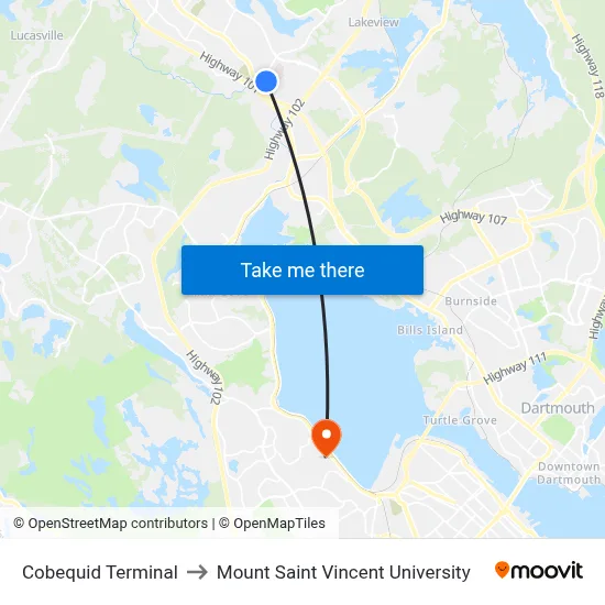 Cobequid Terminal to Mount Saint Vincent University map