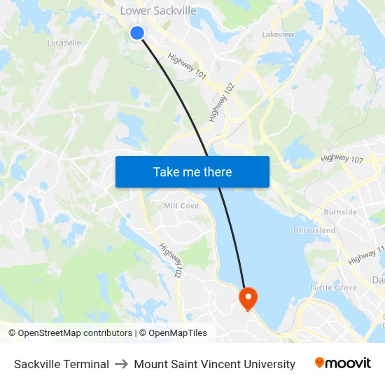 Sackville Terminal to Mount Saint Vincent University map