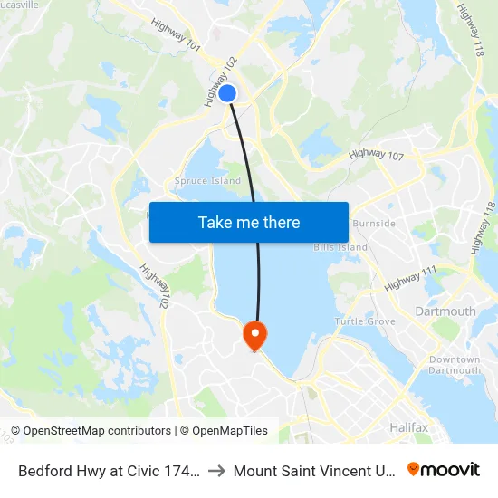 Bedford Hwy at Civic 1743 (6243) to Mount Saint Vincent University map