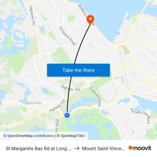 St Margarets Bay Rd at Long Lake Park (8651) to Mount Saint Vincent University map