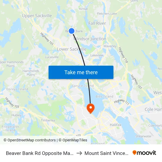 Beaver Bank Rd Opposite Majestic Ave (8754) to Mount Saint Vincent University map