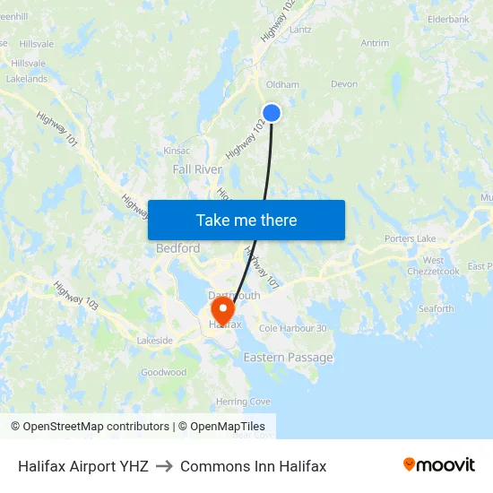 Halifax Airport YHZ to Commons Inn Halifax map