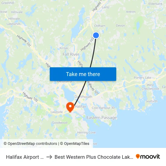 Halifax Airport YHZ to Best Western Plus Chocolate Lake Hotel map