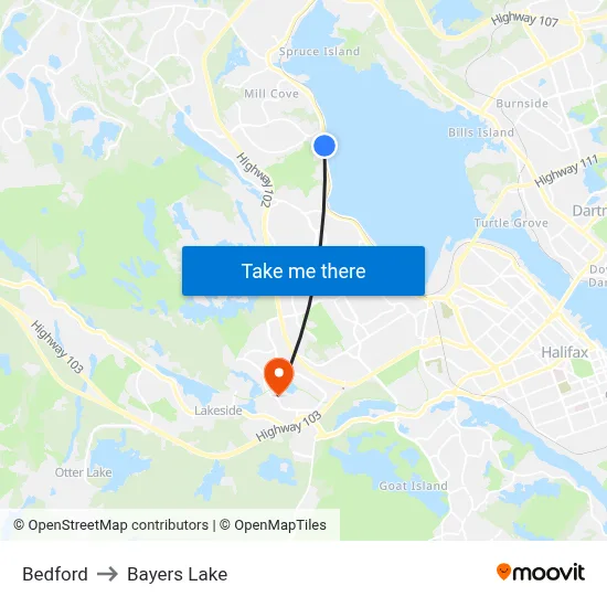 Bedford to Bayers Lake map