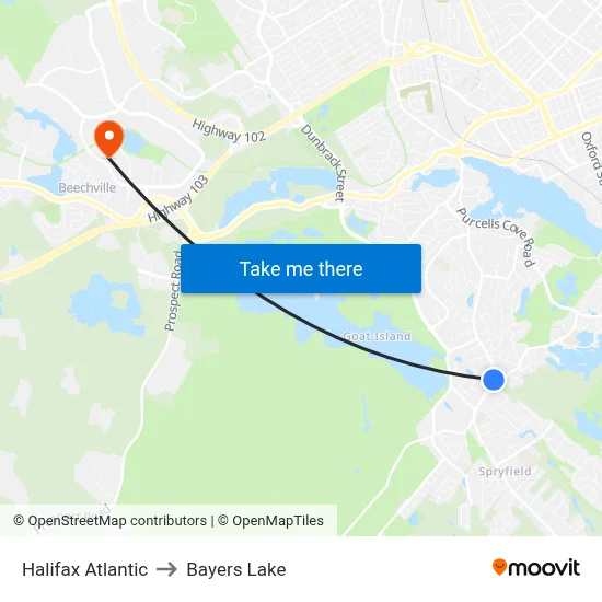Halifax Atlantic to Bayers Lake map