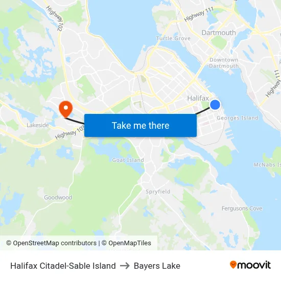 Halifax Citadel-Sable Island to Bayers Lake map