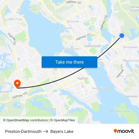 Preston-Dartmouth to Bayers Lake map