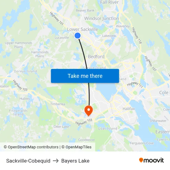Sackville-Cobequid to Bayers Lake map