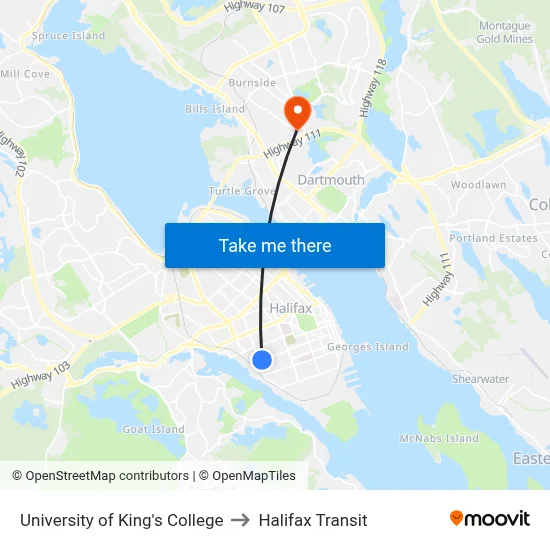 University of King's College to Halifax Transit map