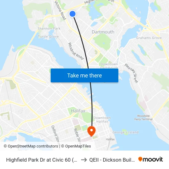 Highfield Park Dr at Civic 60 (6920) to QEII - Dickson Building map