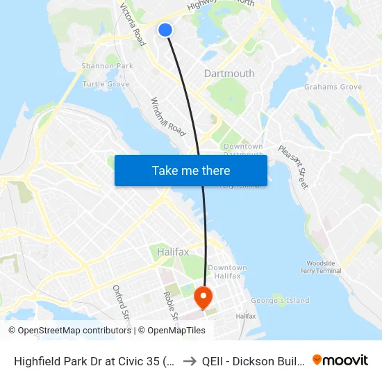 Highfield Park Dr at Civic 35 (6922) to QEII - Dickson Building map