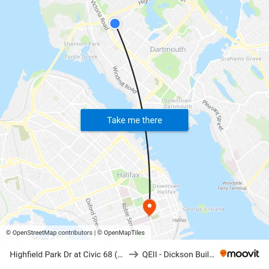 Highfield Park Dr at Civic 68 (6926) to QEII - Dickson Building map
