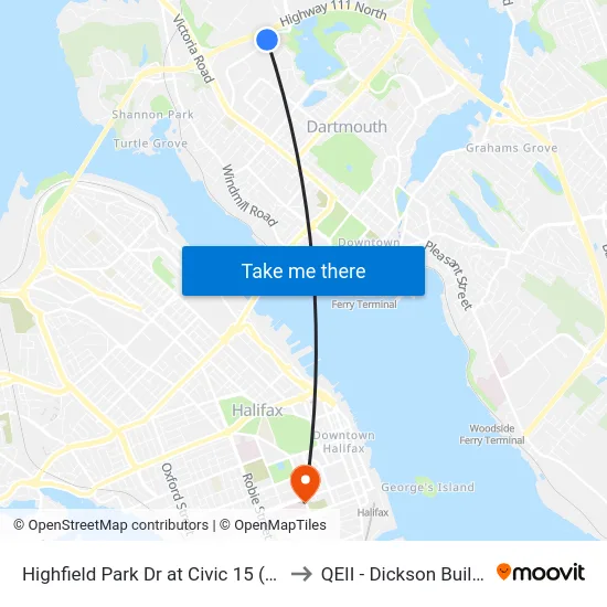 Highfield Park Dr at Civic 15 (6928) to QEII - Dickson Building map