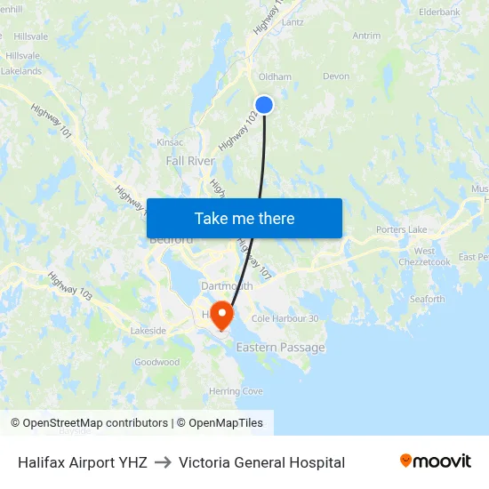 Halifax Airport YHZ to Victoria General Hospital map