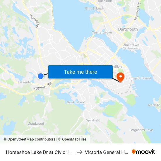 Horseshoe Lake Dr at Civic 100 (6155) to Victoria General Hospital map