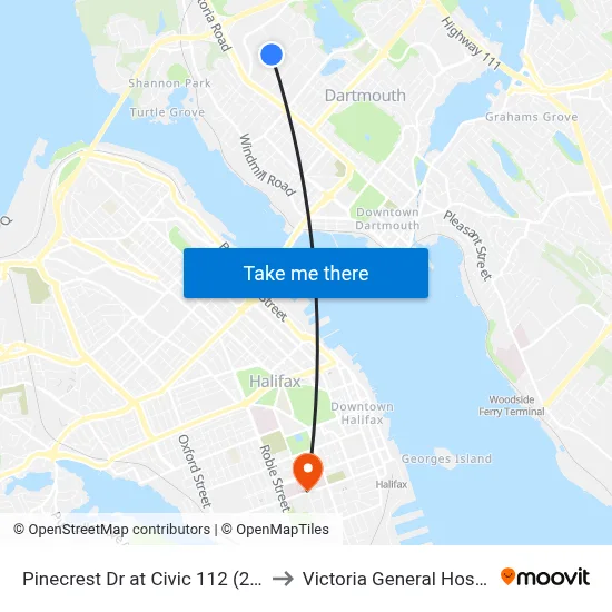 Pinecrest Dr at Civic 112 (2329) to Victoria General Hospital map